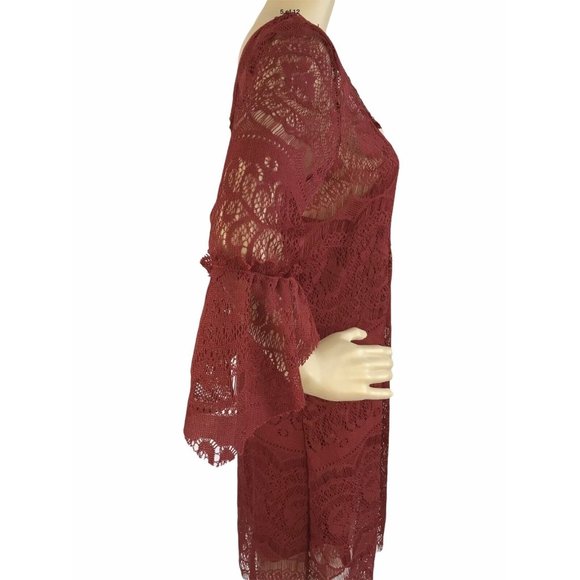 Queens Love Shift Dress M Red Lace Witchy Boho Peasant 3/4 Bell Sleeve Slip NWT - Picture 5 of 12